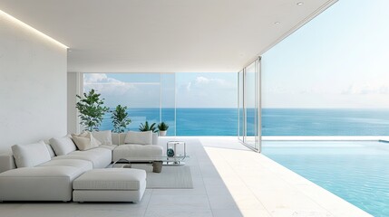 a living room with a house pool next to the ocean inspired by Sydney's interior designs. Frontal...