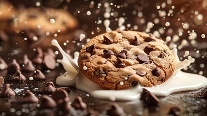 Chocolate chip cookies with milk splash 3D display - obrazy, fototapety, plakaty