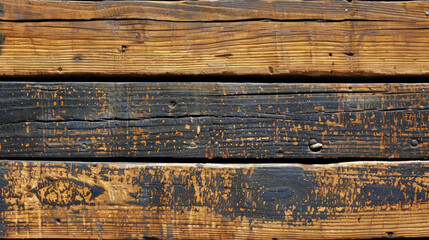 A wooden surface with a black and brown color scheme. The wood appears to be old and weathered, with some parts of it being black and others brown. Scene is somewhat somber and nostalgic - obrazy, fototapety, plakaty