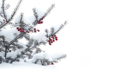 A tree covered in snow with red berries on it. The snow is covering the branches and the berries are still visible. The image has a peaceful and serene mood, as the snow - obrazy, fototapety, plakaty