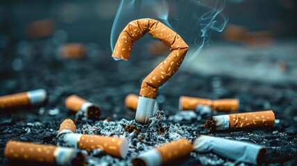 Cigarette butts forming a question mark, questioning the habit - obrazy, fototapety, plakaty
