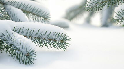 A snow covered pine tree branch with snow on it - obrazy, fototapety, plakaty