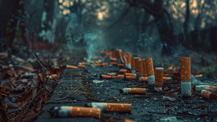 Cigarette butts forming a path leading to an early grave - obrazy, fototapety, plakaty