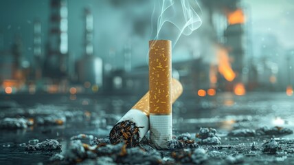 Cigarette filter turning into a factory polluting, environmental harm - obrazy, fototapety, plakaty