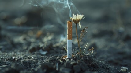 Cigarette transformed into a wilting plant - obrazy, fototapety, plakaty