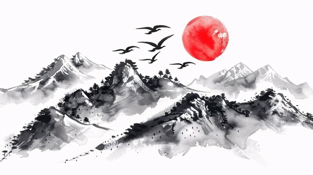 Hand-drawn Japanese mountain and sun illustration with traditional ink technique. Includes symbols for wellness, liberty, environment, and joy.