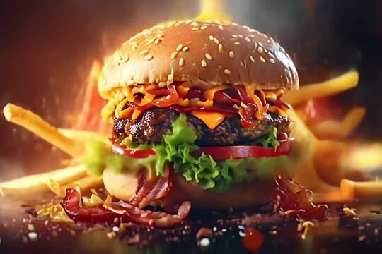 Juicy cheeseburger with bacon, lettuce, and tomato, flames and sparks around, served with fries