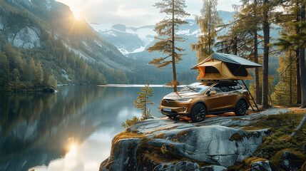 A car is parked in the forest on a cliff overlooking the lake and there is a tent on the roof of the car. Generative AI. - Powered by Adobe