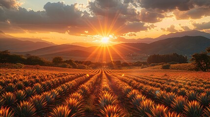 The sunset above a field of Agave used for making Tequila in the state of Mexico. - obrazy, fototapety, plakaty