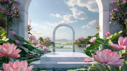 Foto op Canvas 3d podium display with an elegant white archway, lush greenery and flowering vines, under a clear blue sky. © Paphawin