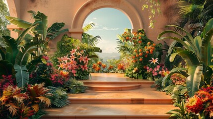 3d podium display with an elegant white archway, lush greenery and flowering vines, under a clear blue sky.