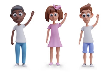 Vector boys and girl standing with hand up. Children characters vote, wave, ask questions