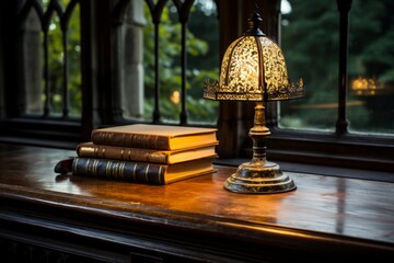 A black leather bound book is placed on a polished wooden table, surrounded by vintage reading lamps and antique leather armchairs, within the ambiance of a timeless library. - obrazy, fototapety, plakaty