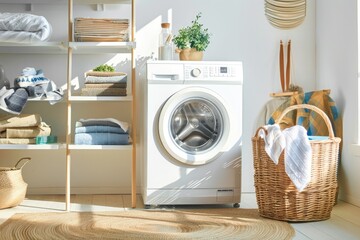 Laundry room interior with washing machine and basket of towels.