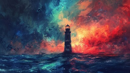 Lighthouse guiding ships from red to blue ocean - obrazy, fototapety, plakaty