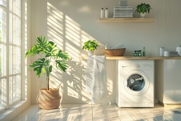 Laundry room interior with washing machine and basket of towels. - obrazy, fototapety, plakaty