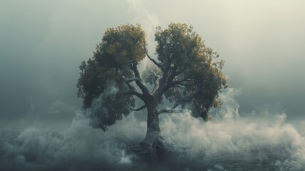 Lung-shaped tree losing its leaves to smoke - obrazy, fototapety, plakaty