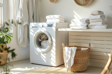 Laundry room interior with washing machine and basket of towels.