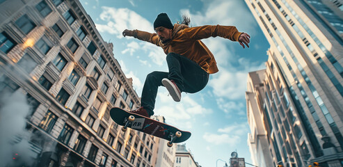 A skateboarder dropping from a mega ramp built on the facade of a large building to perform a trick over an avenue. Generative AI.
