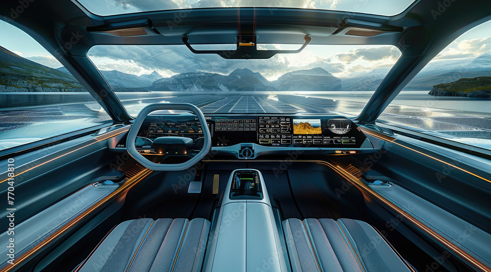 Poster the cockpit of a solar-powered vehicle, emphasizing the role of innovative green technology in pushi