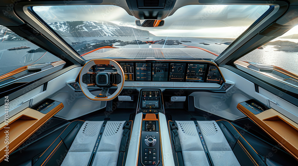Aufkleber the cockpit of a solar-powered vehicle, emphasizing the role of innovative green technology in pushi