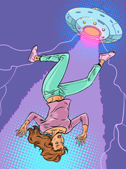 Pop Art Retro A woman is lifted up on a beam by a cosmic saucer. Alien invasion and abduction of earth. Exploration of other life in the universe. - 770419078