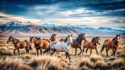 herd of horses on the pasture - obrazy, fototapety, plakaty