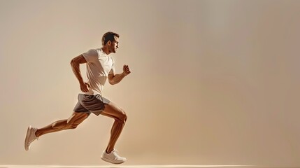 Fototapeta na wymiar a side view of a man running. He should be wearing workout clothing. The background should be plain. The lighting and colour should look natural 