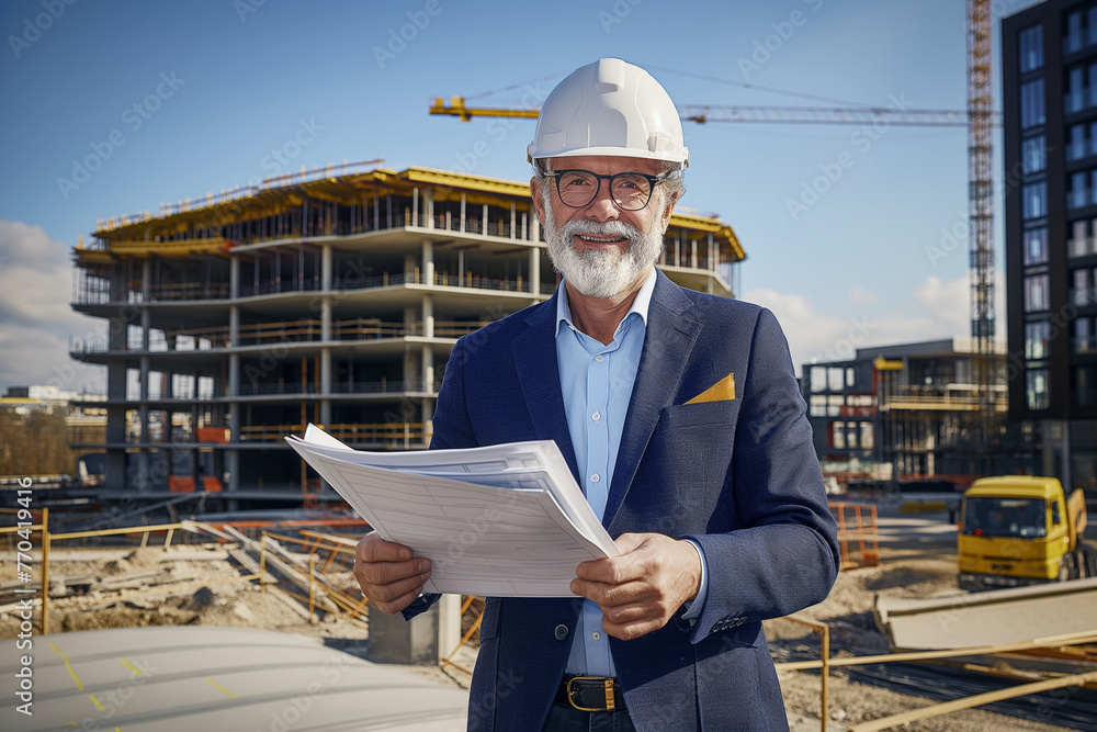 Poster a businessman is inspecting construction site for building construction. he is reviewing constructio