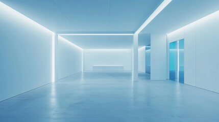 A white and blue futuristic empty room, Minimal space background 3D illustration.