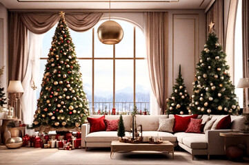 Fototapeta na wymiar Christmas and new year decor background, stylish interior of living room with decorated Christmas tree at home. Copy space