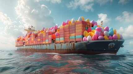 Modern new cargo ship full of easter eggs. Generative AI. - obrazy, fototapety, plakaty