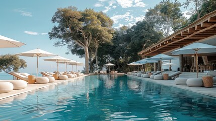 Obraz premium The pool is surrounded by lounge chairs. Generative AI.