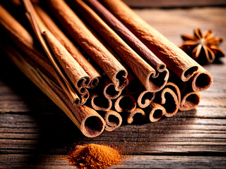 Close-up of ceylon cinnamon sticks on wooden table, rustic style still life. Natural food of sri-lankan cinnamon for poster or banner. Delicious tasty healthy concept. Copy advertising text space - obrazy, fototapety, plakaty