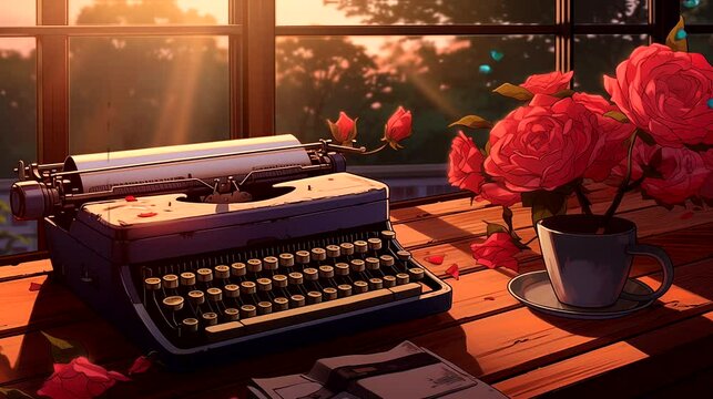 Typewriter desk overlooking with heirloom roses. Vintage old timey effects looping 4k video animation background