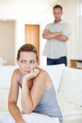 Divorce, thinking and woman in home for fight, conflict or crisis in living room. Couple, breakup...