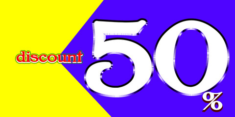 50 percent discount, white letters, shiny silver border, used for advertising to promote men during special discount promotions. BLUE AND YELLOW BACKGROUND VECTOR