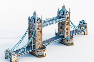 Fototapeta na wymiar 3D isometric rendering of Tower Bridge , with a next-gen video game quality. The monument is highlighted against a pure white background, intricate details and realistic textures