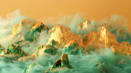 Keuken spatwand met foto Golden green three-dimensional landscape painting illustration background © jinzhen