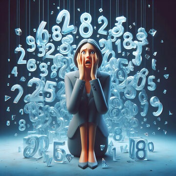 scared businesswoman surrounded by numbers