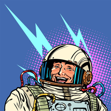 Pop Art Retro The astronaut smiles. The hero rejoices at another victory. Exploring outer space together.