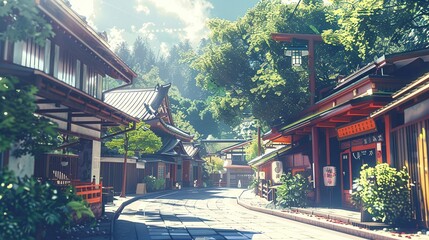 a beautiful japanese village city town in the morning. buddhist temple shinto shrine. anime comics artstyle. cozy lofi asian architecture