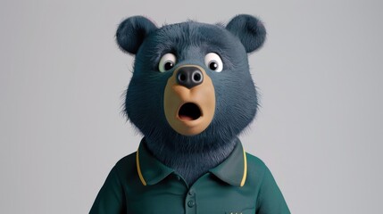 Animated style Rendered 3D dark blue bear, wearing a Dark green Polo T-Shirt, black eyes standing in a white studio. Looking to the camera, surprised look, mouth open 