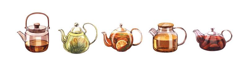 Set different of the teapots of tea, kettle, glass with infuser and with lemon or citrus. Watercolor hand-drawn illustration isolated on white background. Perfect for recipe lists with drinks for cafe