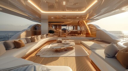 Sailing yacht, upper deck, interior, living room. Generative AI.