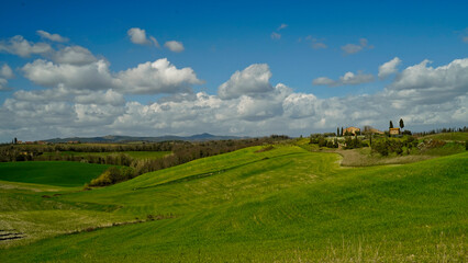 Fototapeta na wymiar Panorama collinare della Val d'Orcia lungo il percorso ciclistico dell'Eroica. Provincia di Siena. Toscana , Italia