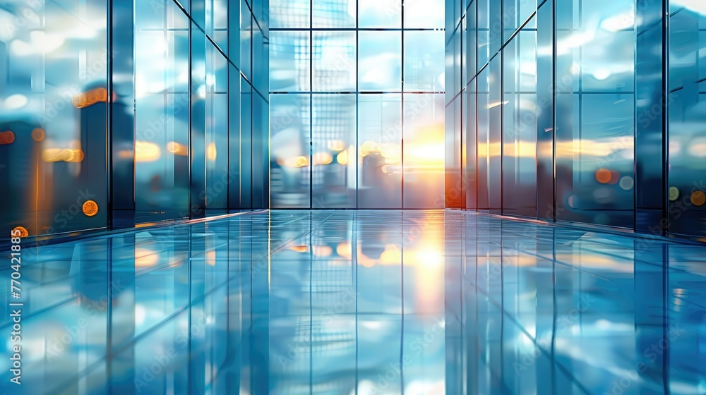 Poster Blurred glass wall of modern business office building at the business center use for background in business concept. Abstract office windows background. Generative AI.