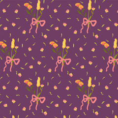 Lilac seamless pattern with wild flowers. Winter floral background in retro style. Decorated backdrop for wallpaper and fabric with a bouquet. For bed linen, fabric and clothing. Vector illustration