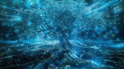 Abstract background, blue tones, futuristic, technological digital tree, creative, break reorganization, technological, virtual digital tree. Generative AI. - obrazy, fototapety, plakaty