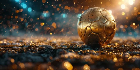 Fotobehang A gold soccer ball sits on a field. football or soccer banner © itchaznong